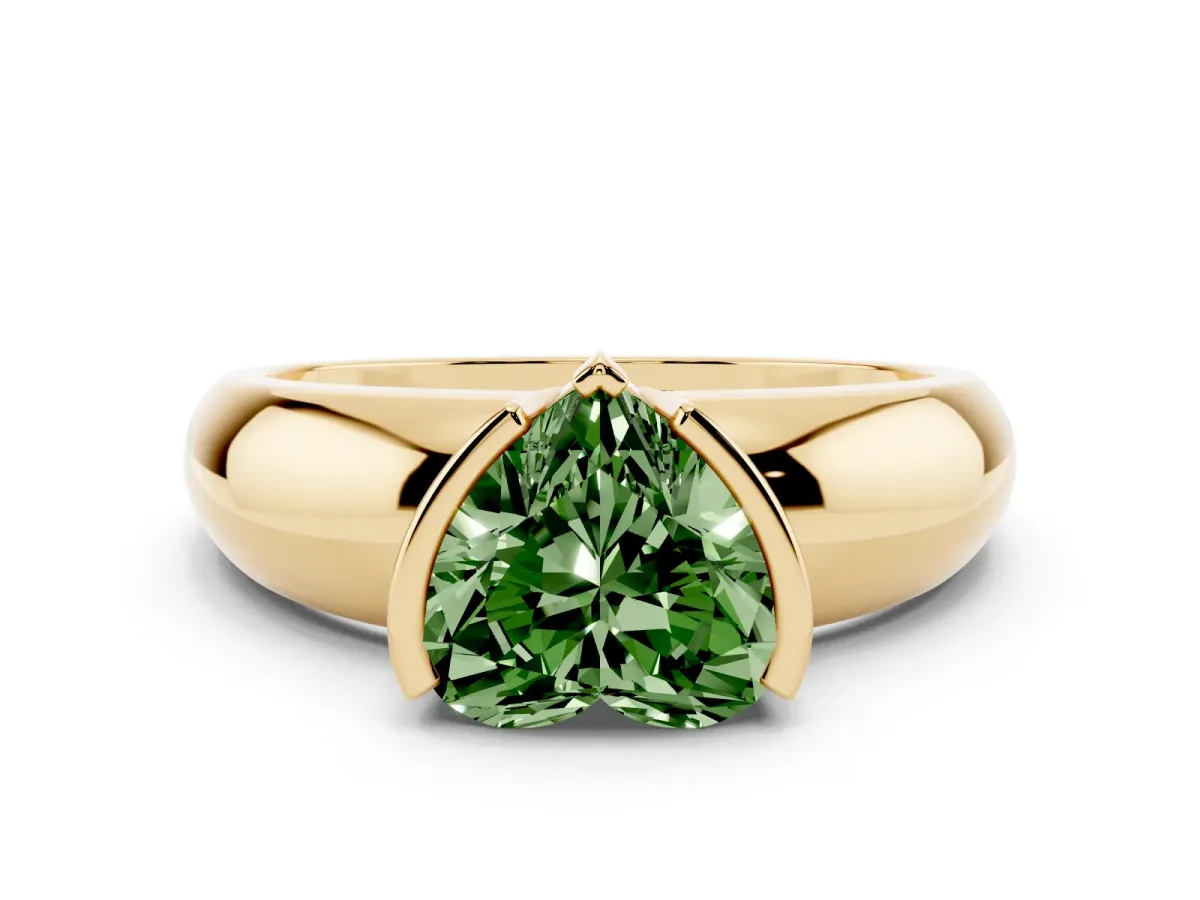 Fancy Green Heart Cut Solitaire Tension Set Diamond Ring with Wide Band Yellow gold