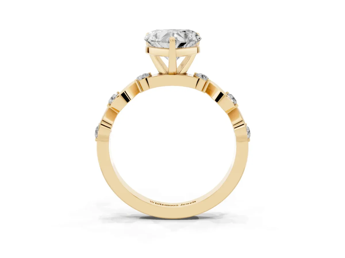 Heart Cut Diamond Solitaire Twisted Band with Round Accents and Prong Setting Yellow gold