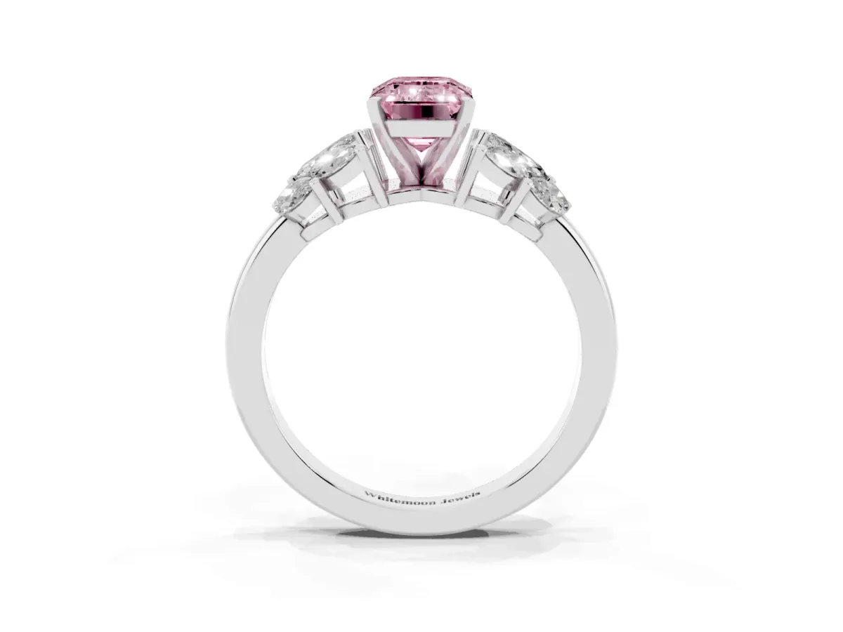 Fancy Pink Emerald Cut Diamond Cluster Leaf Design Ring with Prong Setting Platinum