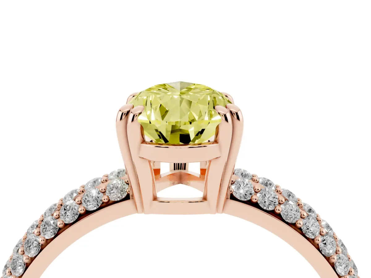 Fancy Yellow Pear Cut Diamond Solitaire Ring with Multi-Row Round Pavé Band and Prong Setting Rose gold