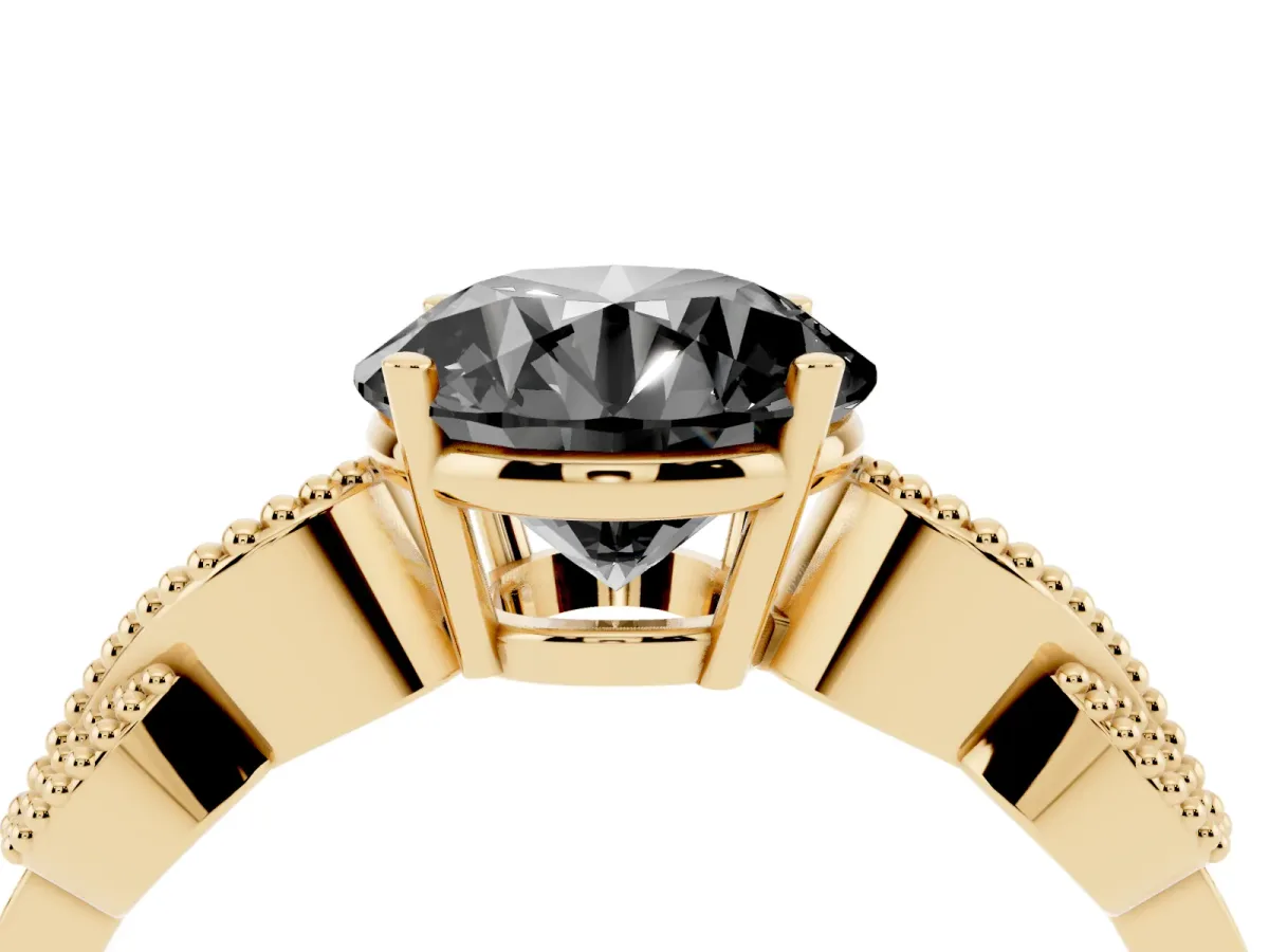 Fancy Black Round Cut Solitaire Milgrain Leaf Band with Prong Setting Yellow gold