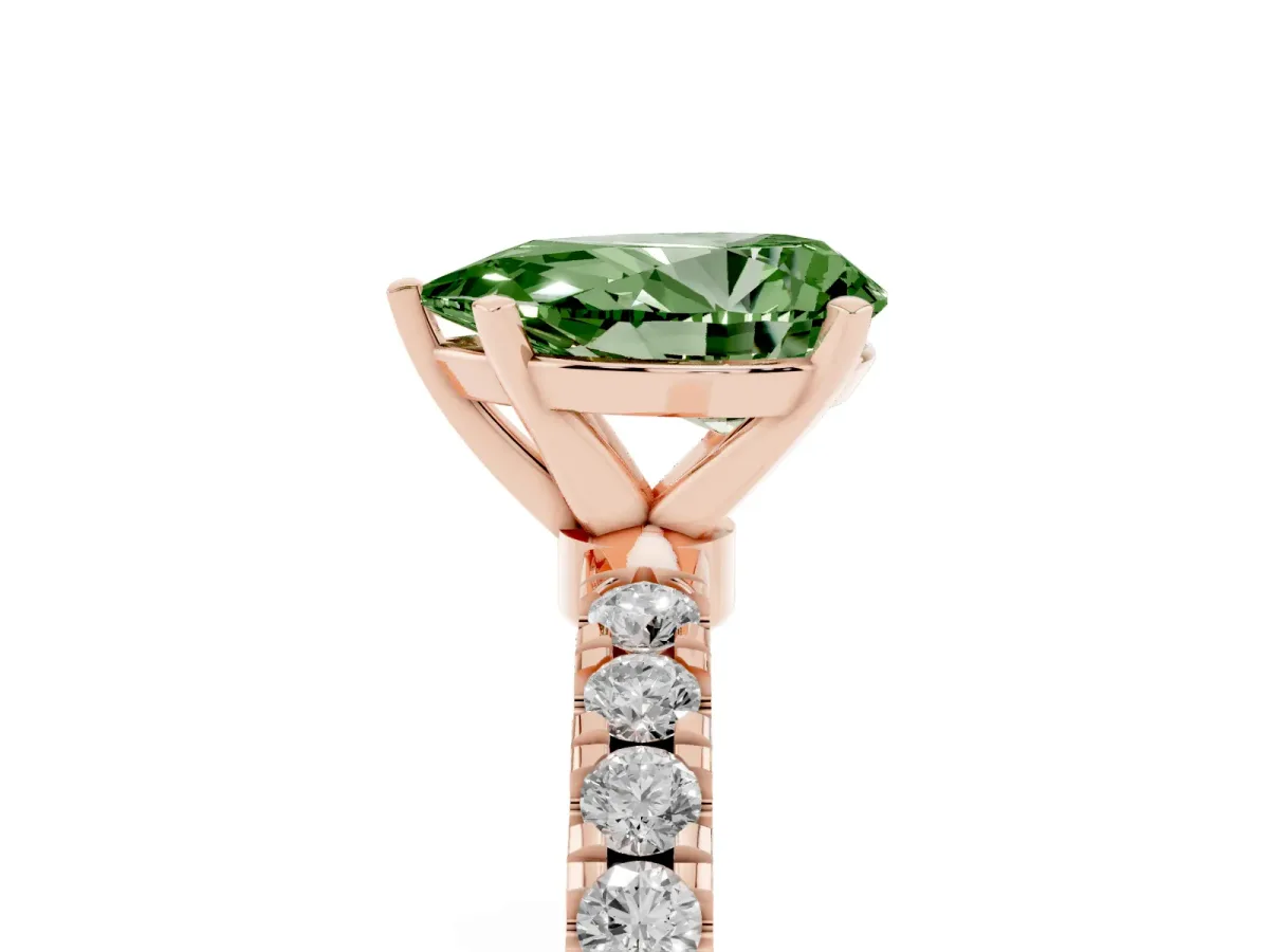 Fancy Green Pear Cut Diamond Solitaire Ring with Pavé Accents and Four-Prong Setting Rose gold