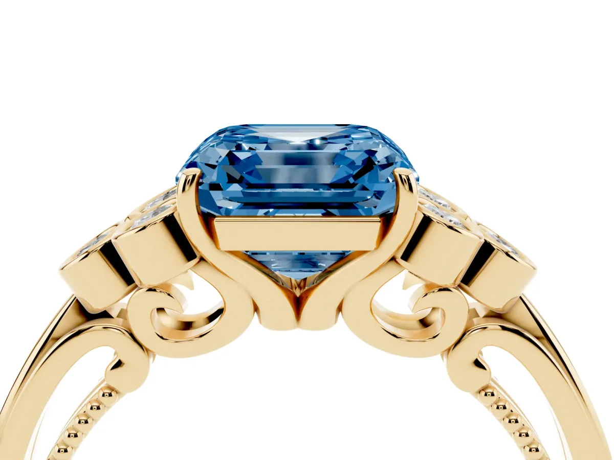 Fancy Blue Asscher Cut Cut Diamond Engagement Ring with Bezel Set Round Side Stones and Prong Setting Yellow gold