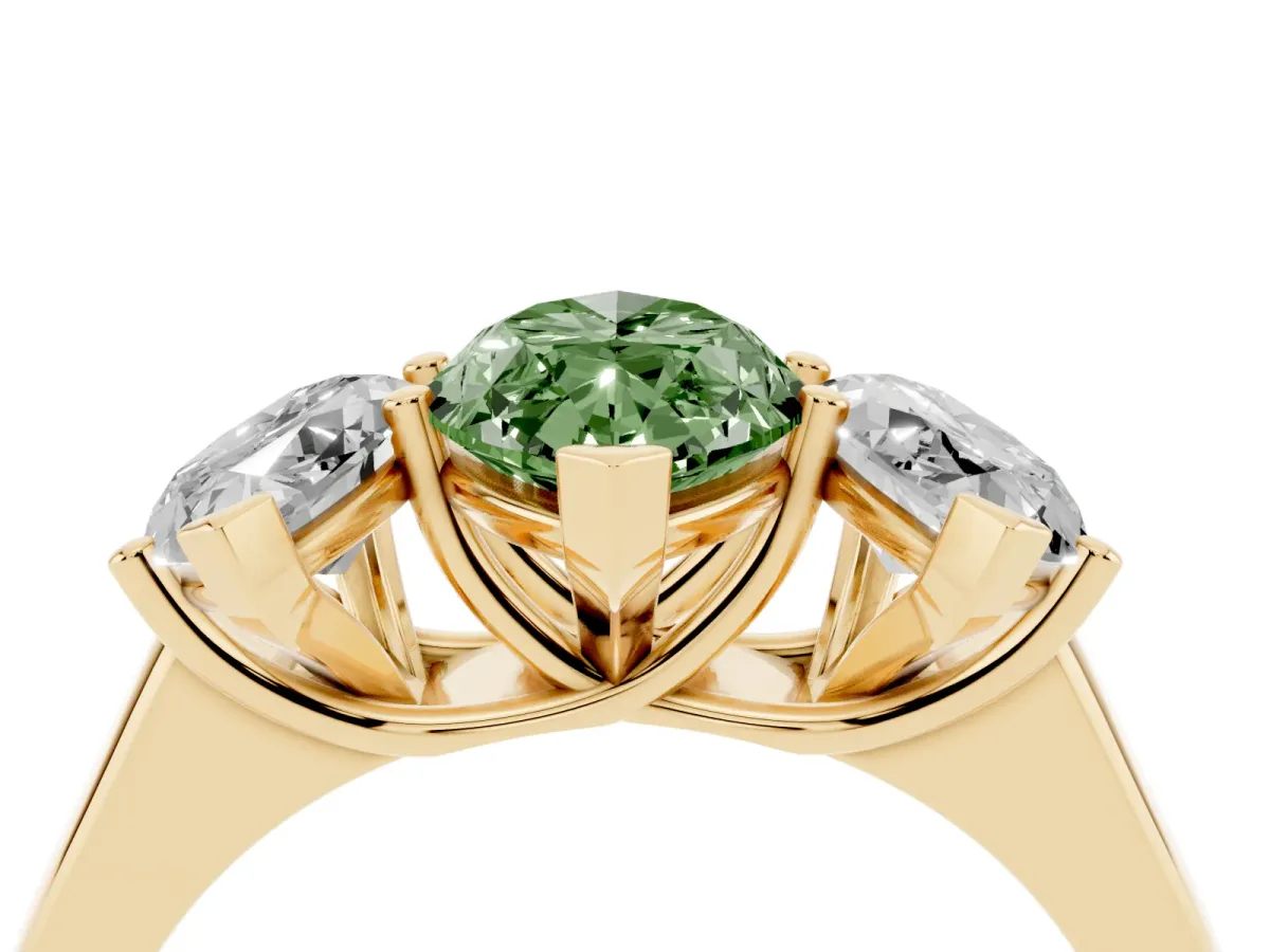 Fancy Green Marquise Cut Three-Stone Diamond Ring with Prong Setting on a Classic Band Yellow gold