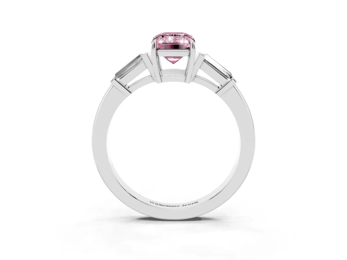 Fancy Pink Emerald Cut Diamond Three-Stone Ring with Tapered Baguette Side Stones and Prong Setting Platinum
