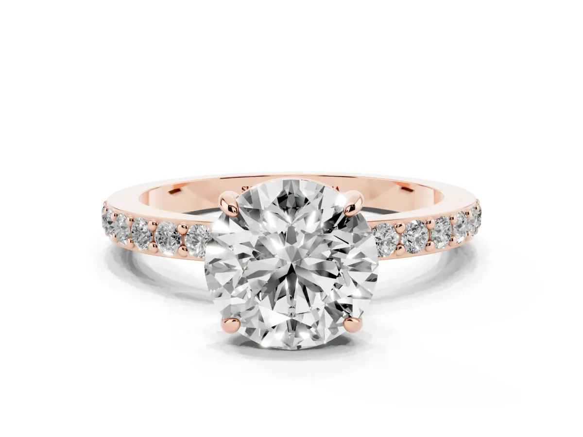 Round Cut Diamond Pavé Engagement Ring with Round Accents and Prong Setting Rose gold