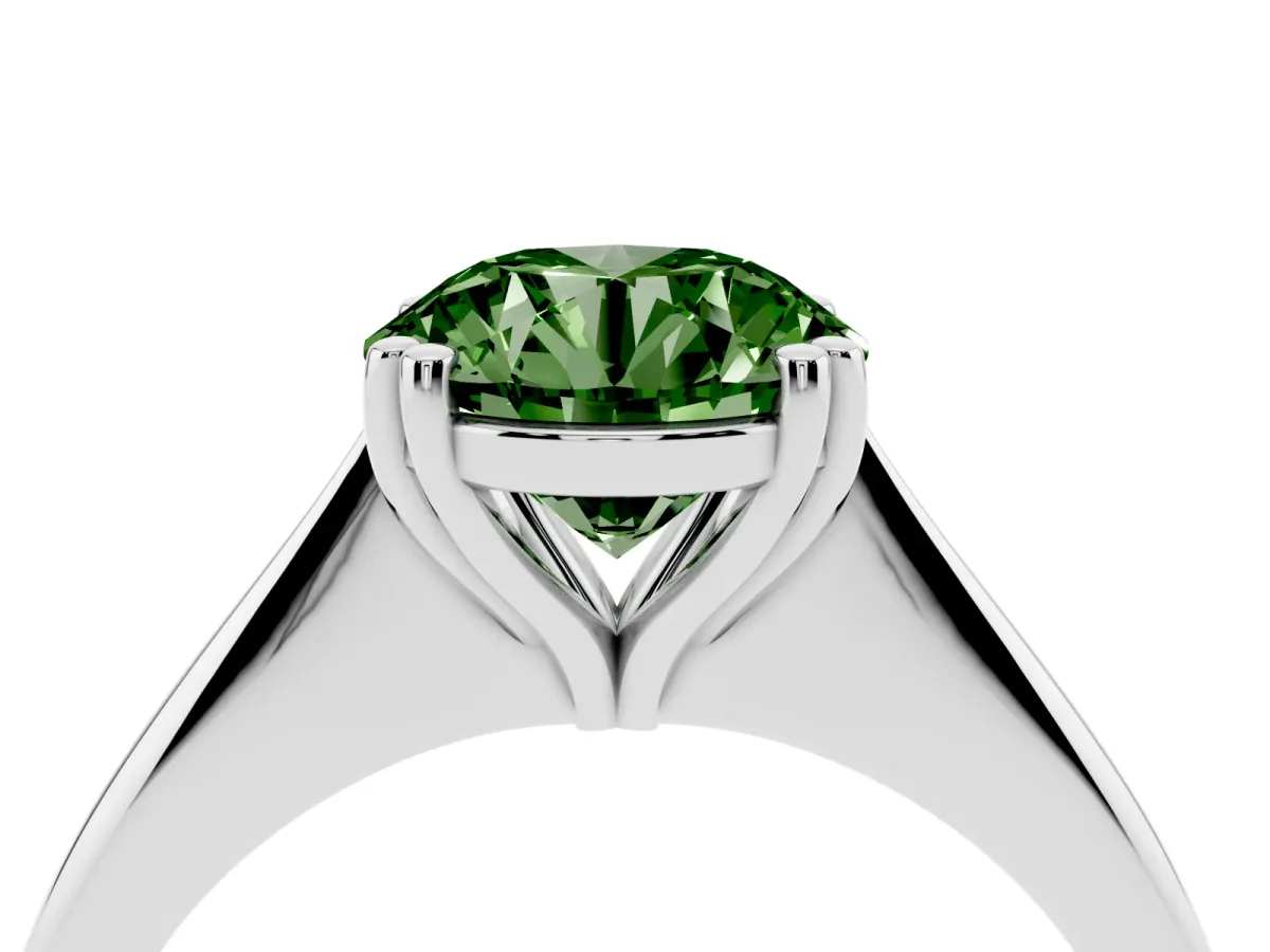 Fancy Green Round Cut Solitaire Diamond Ring with Six-Prong Setting and Classic Band Silver