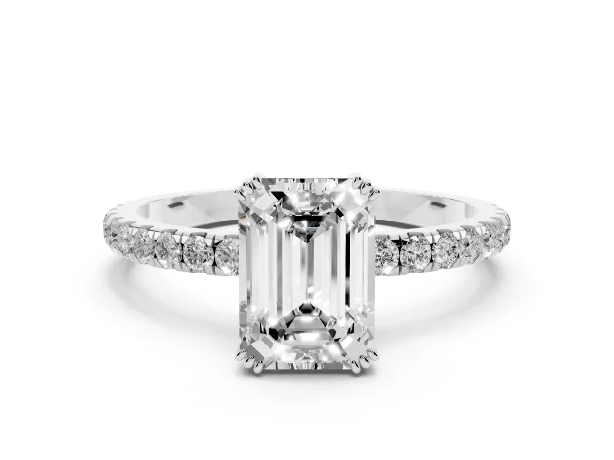Emerald Cut Brilliant Solitaire with Pavé Band and Claw Prong Setting Silver