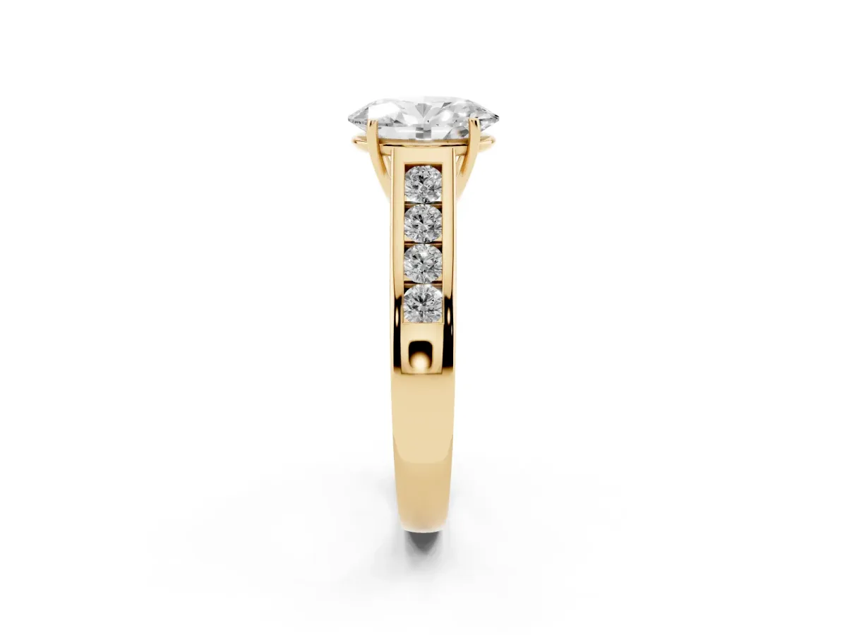 Oval Cut Solitaire Channel-Set Diamond Engagement Ring with Four-Prong Setting Yellow gold
