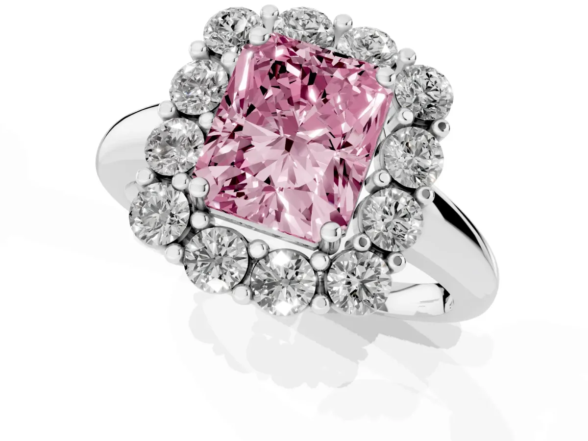 Fancy Pink Radiant Cut Halo Cluster Diamond Engagement Ring with Prong Setting and Polished Band Platinum