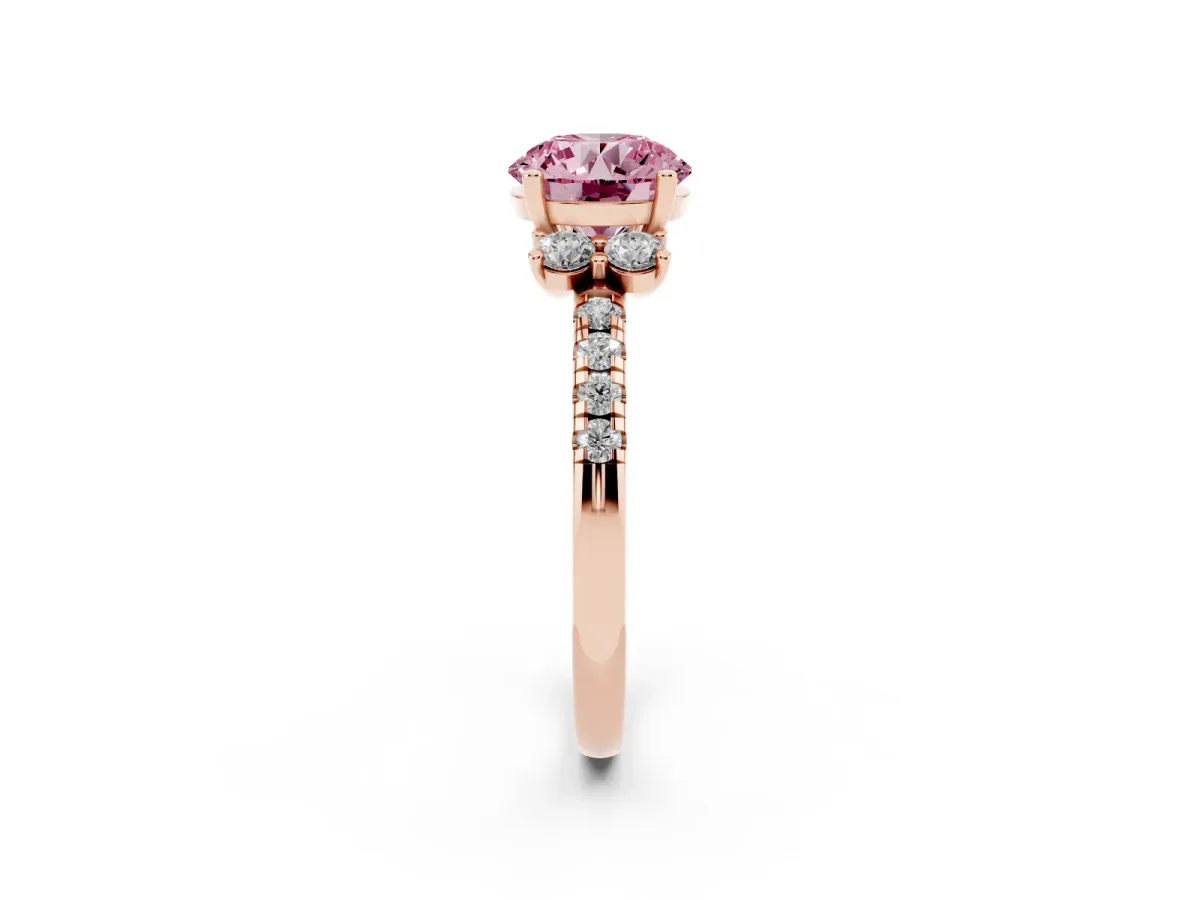 Fancy Pink Round Cut Diamond Three-Stone Pave Band with Four-Prong Setting Rose gold