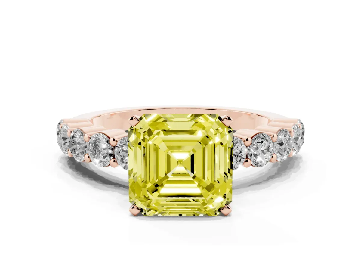 Fancy Yellow Asscher Cut Diamond Solitaire Ring with Shared Prong Round Side Stones Rose gold