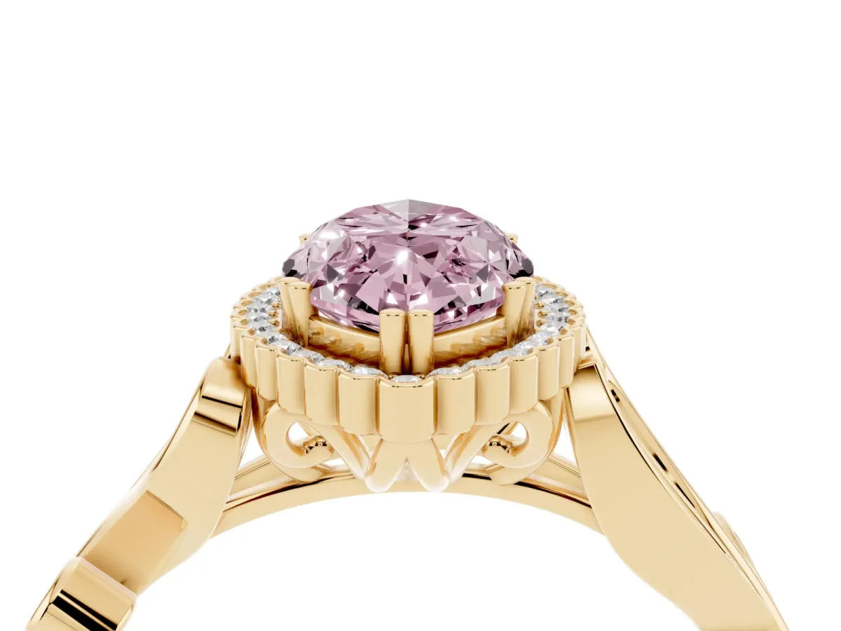 Fancy Pink Marquise Cut Diamond Halo Ring with Vintage Split Shank and Four-Prong Setting Yellow gold