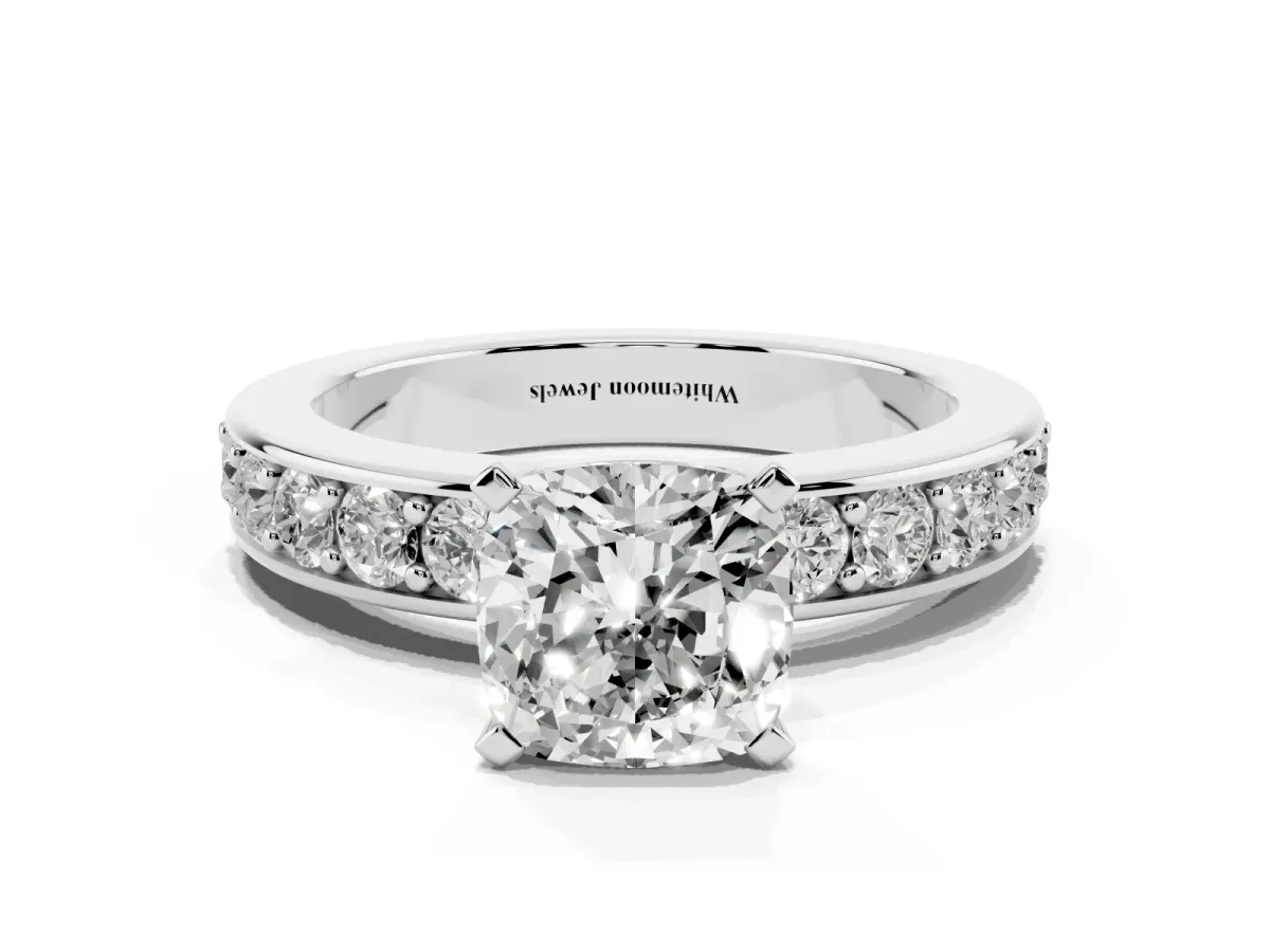 Cushion Cut Diamond Engagement Ring with Channel Set Round Band and Prong Setting Platinum