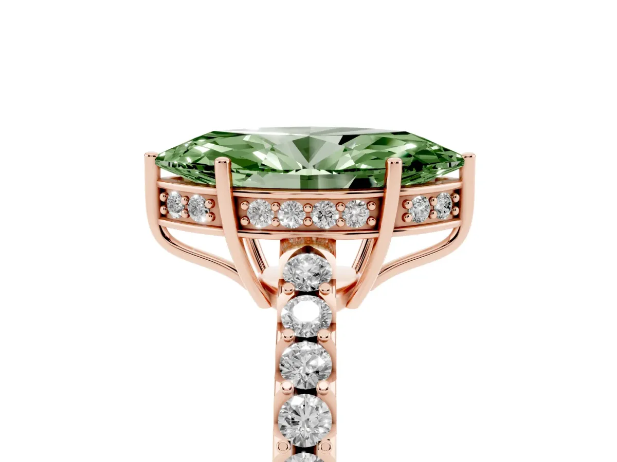 Fancy Green Marquise Cut Solitaire Diamond Engagement Ring with Pavé Band and Six-Prong Setting Rose gold