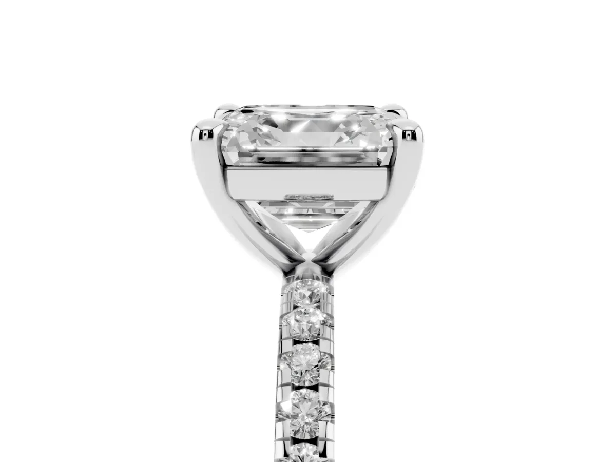 Asscher Cut Diamond Brilliant Solitaire Ring with Pavé Band and Four-Prong Setting Platinum