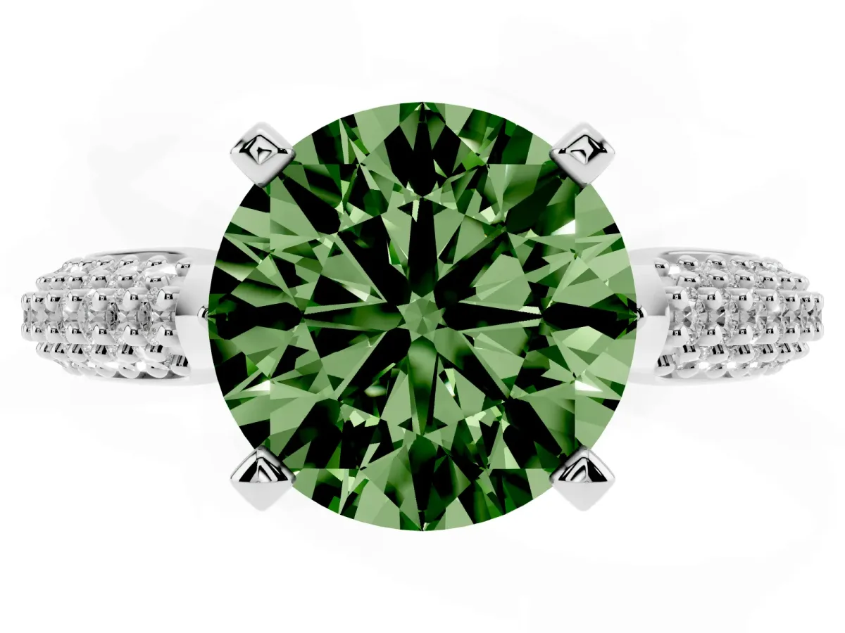 Fancy Green Round Cut Diamond Solitaire Engagement Ring with Multi-Row Round Pavé Band and Prong Setting White gold