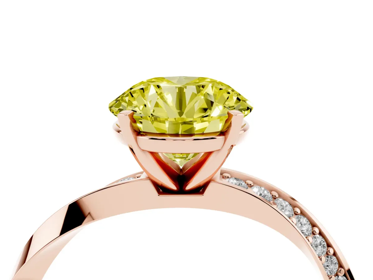 Fancy Yellow Round Cut Diamond Engagement Ring with Side Stone Accents and Four-Prong Setting Rose gold