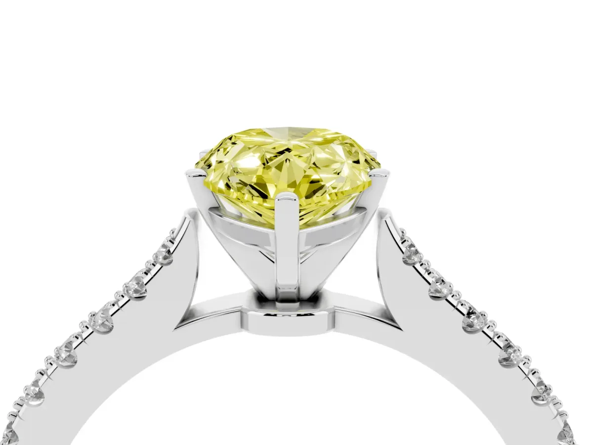 Fancy Yellow Pear Cut Cut Solitaire Diamond Engagement Ring with Pave Band and Four-Prong Setting Platinum