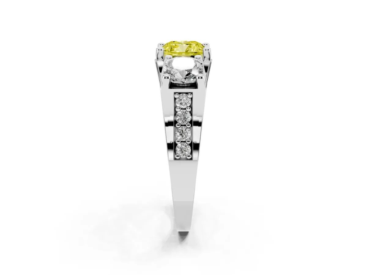Fancy Yellow Cushion Cut Diamond Three-Stone Ring with Channel Set Band and Four-Prong Setting Silver