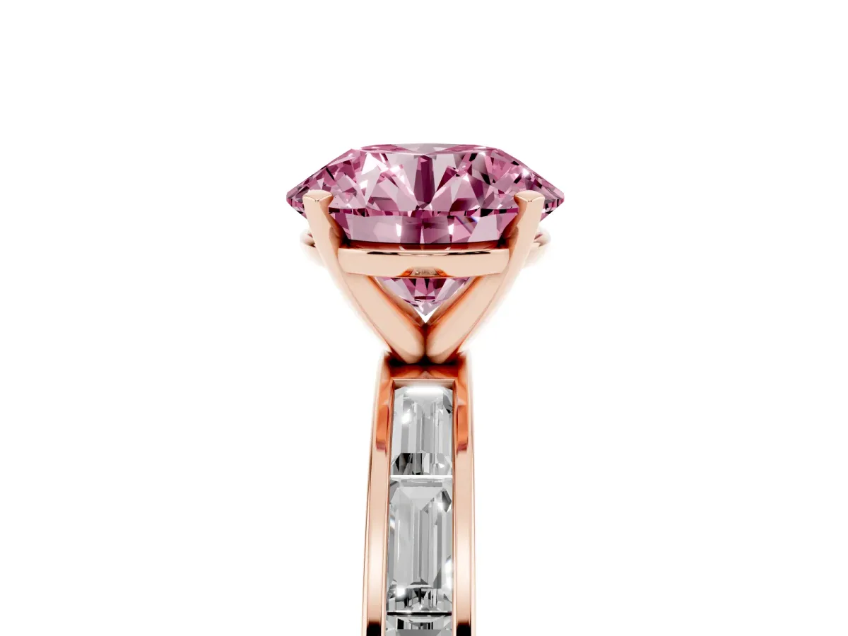 Fancy Pink Round Cut Solitaire Diamond Ring with Channel-Set Baguette Band and Four-Prong Setting Rose gold