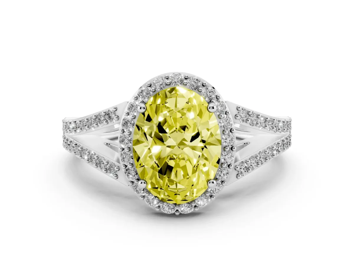 Fancy Yellow Oval Cut Halo Split Shank Diamond Ring with Prong Setting Silver