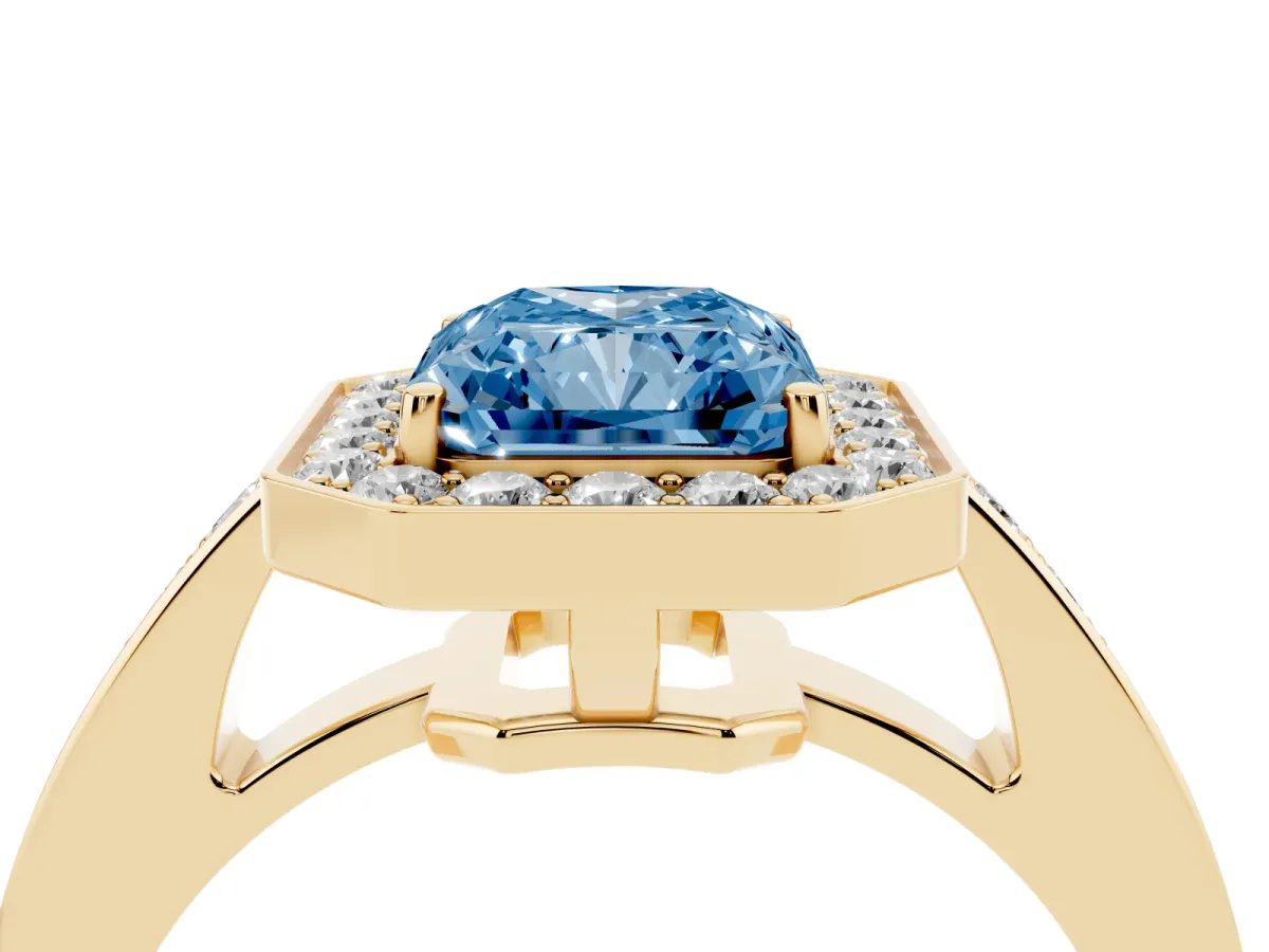 Fancy Blue Radiant Cut Halo Pavé Diamond Engagement Ring with Bezel Setting Yellow gold