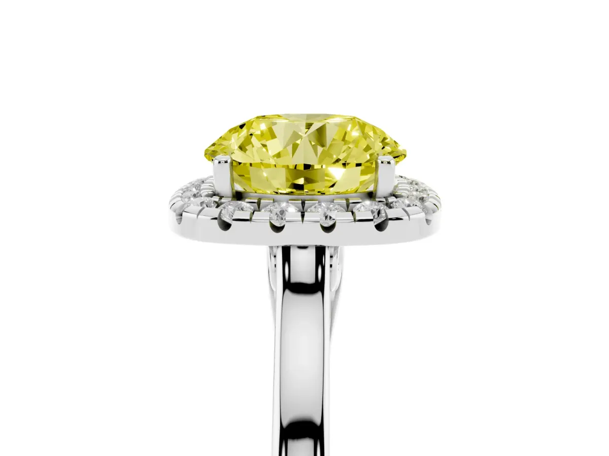 Fancy Yellow Round Cut Halo Round Diamond Solitaire Ring with Pavé Band and Four-Prong Setting Silver