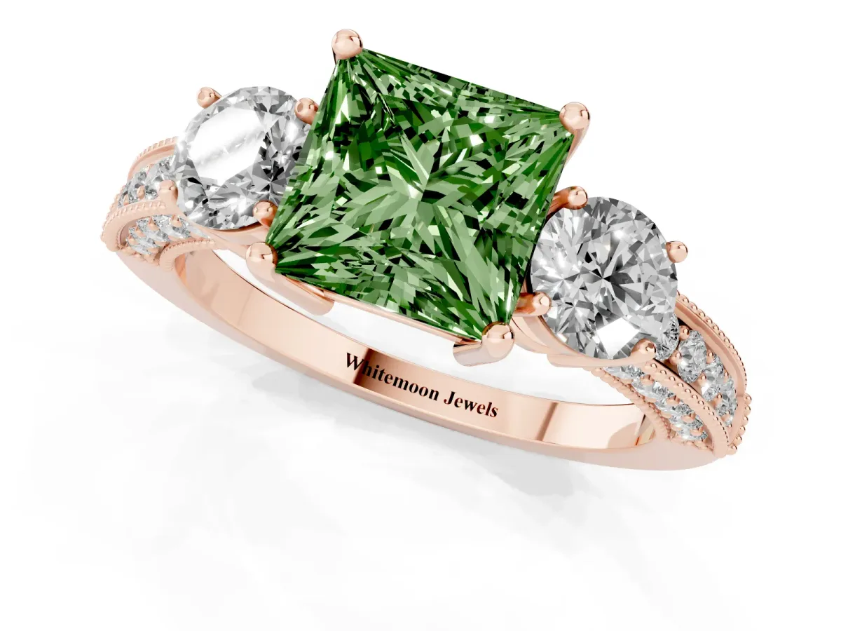 Fancy Green Princess Cut Three-Stone Diamond Ring with Pavé Band and Four-Prong Setting Rose gold