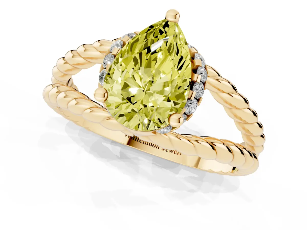 Fancy Yellow Pear Cut Halo Twisted Band Four-Prong Ring Yellow gold