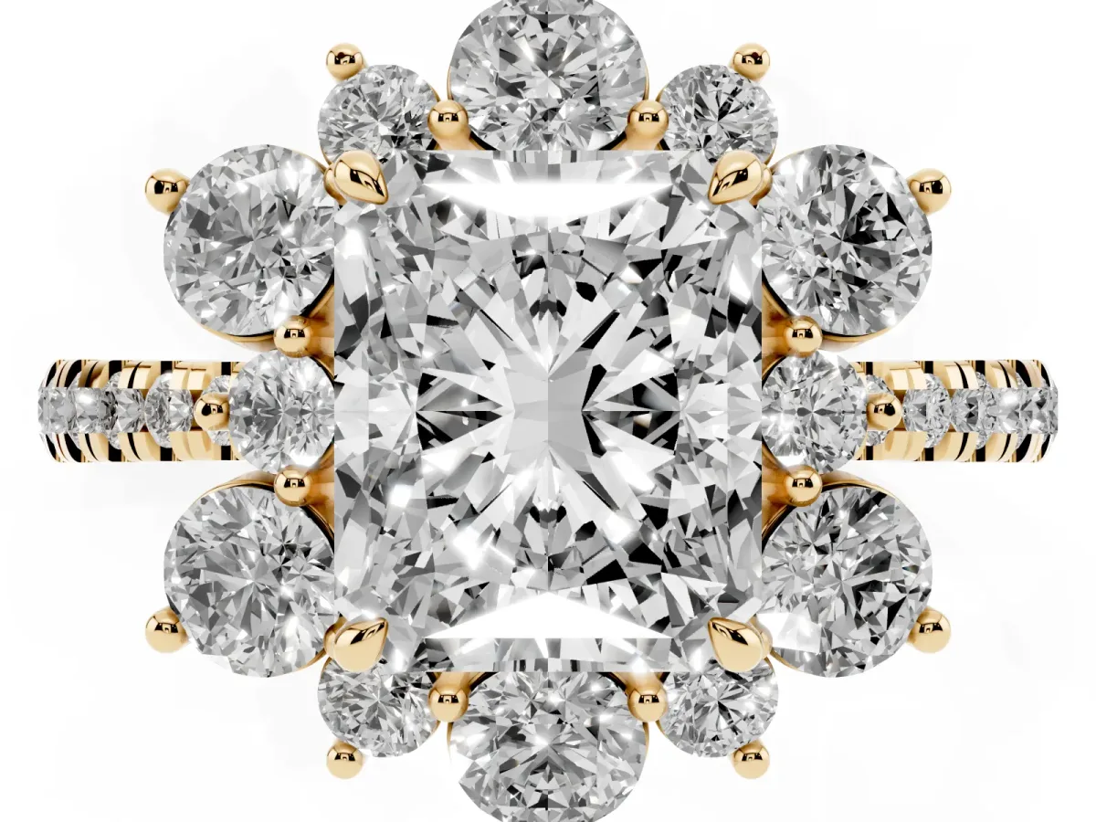 Radiant Cut Diamond Floral Halo Ring with Round Pavé Band and Prong Setting Yellow gold