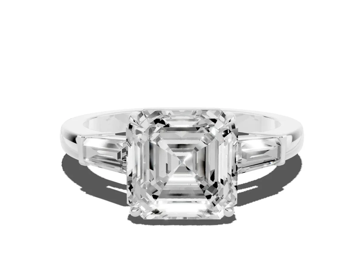 Asscher Cut Diamond Three-Stone Ring with Tapered Baguette Side Stones and Prong Setting Silver