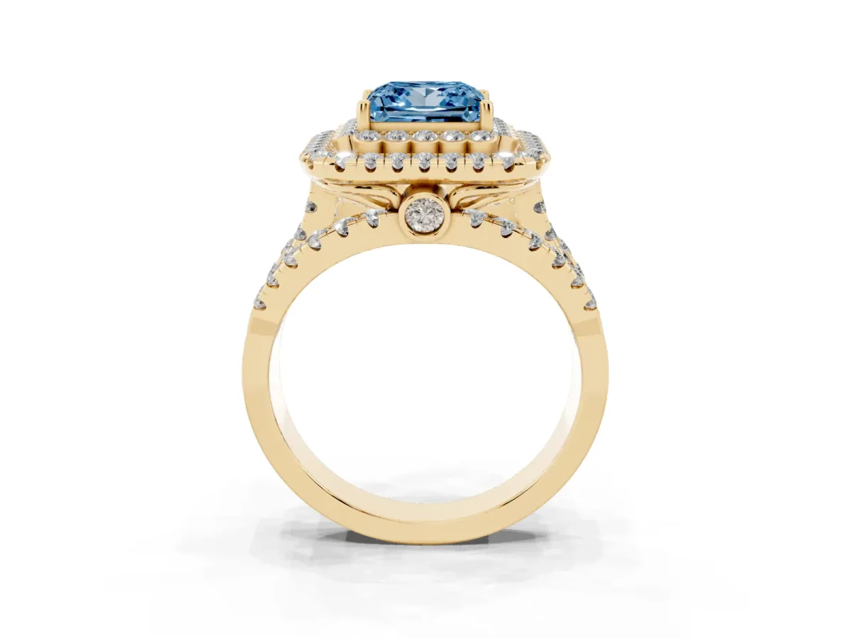 Fancy Blue Princess Cut Diamond Double Halo Ring with Round Pavé Split Shank and Prong Setting Yellow gold