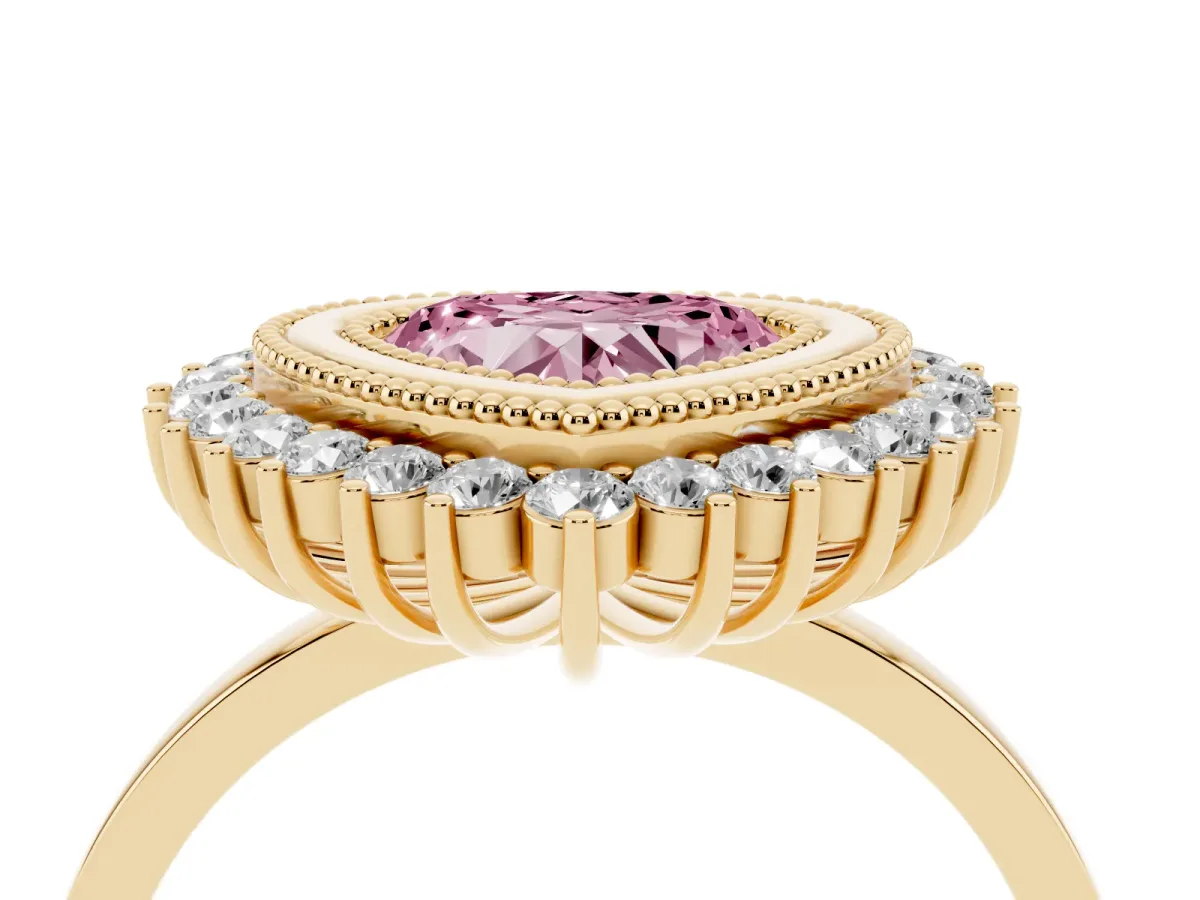 Fancy Pink Heart Cut Halo Diamond Ring with Milgrain Edge and Round Prong Setting Yellow gold