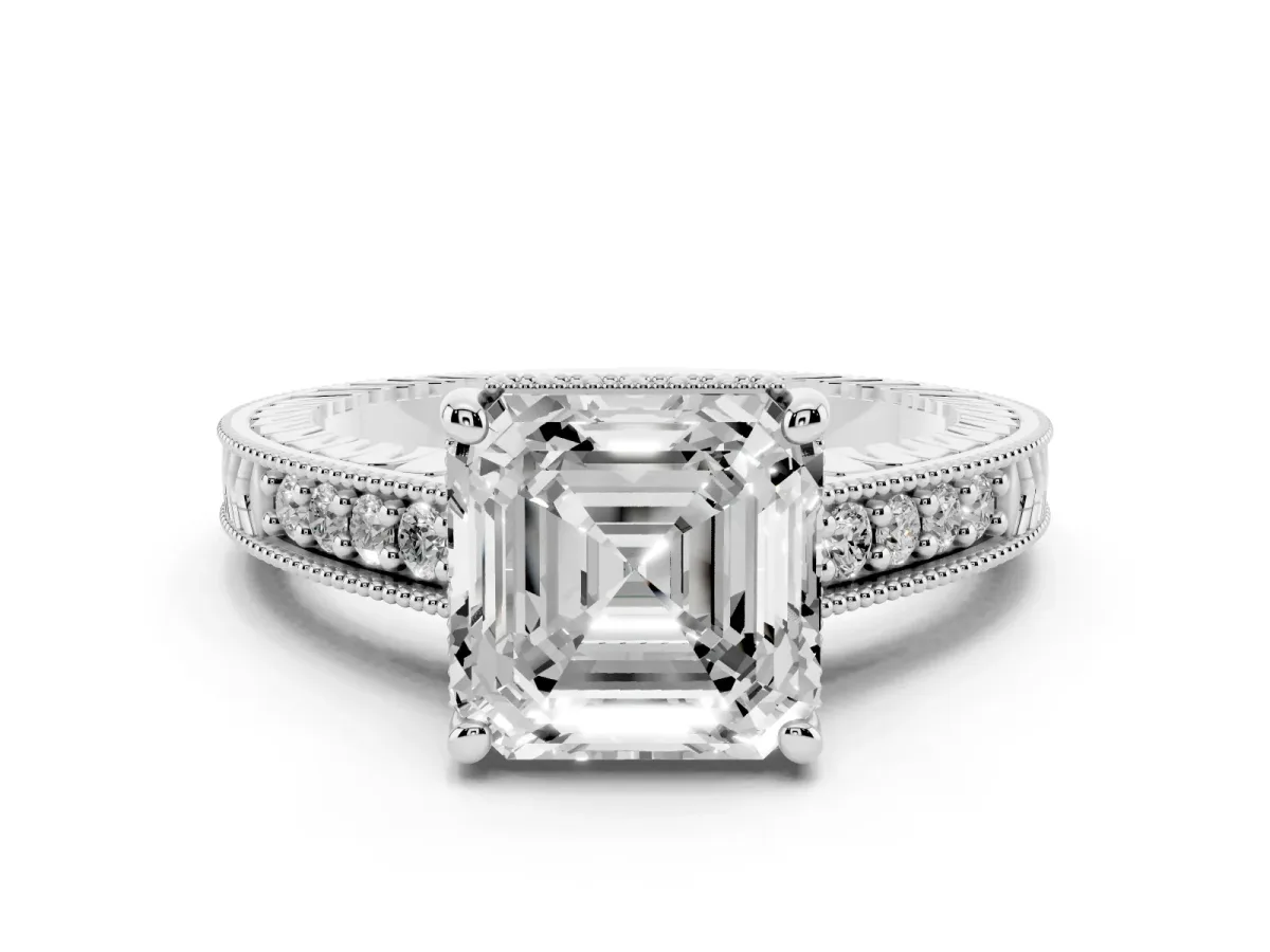 Asscher Cut Solitaire Pavé Diamond Milgrain Engagement Ring with Four-Prong Setting Silver
