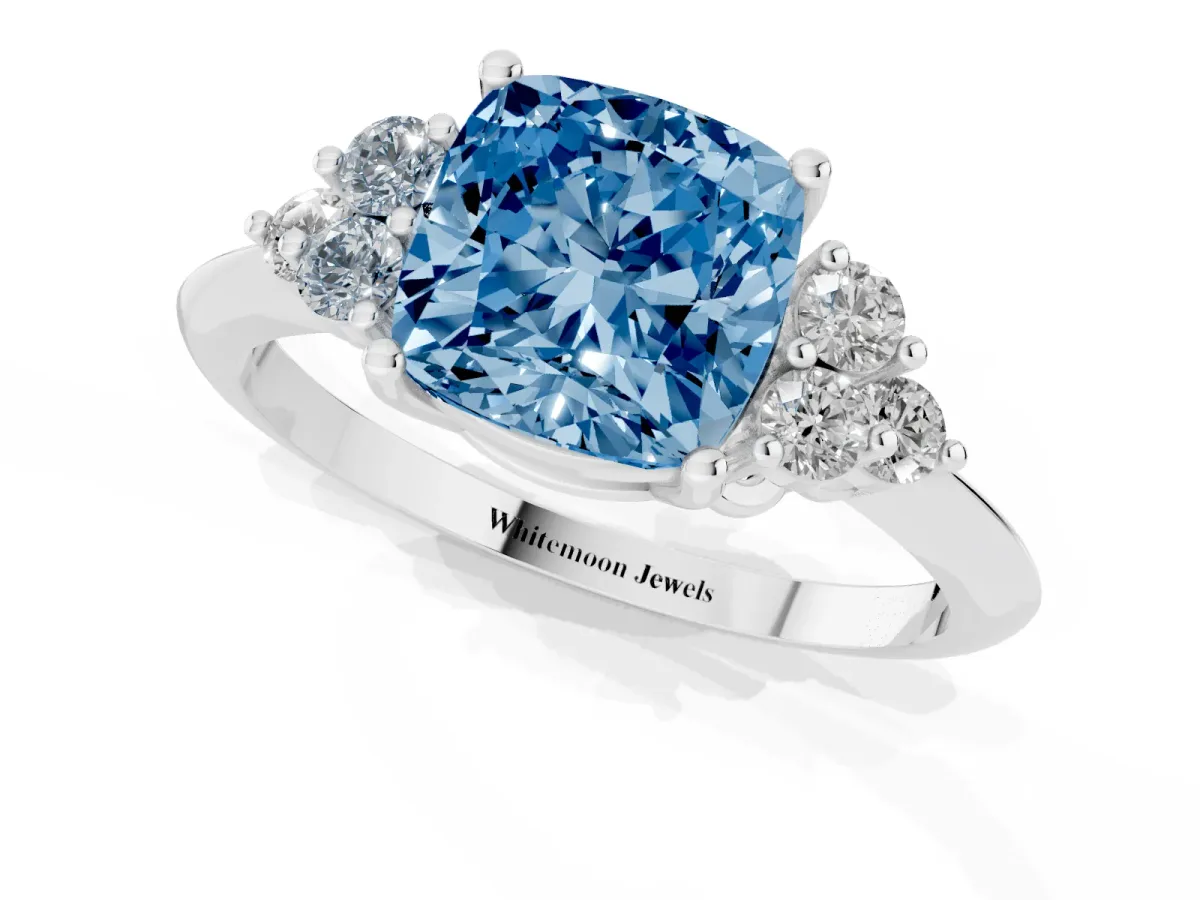Fancy Blue Cushion Cut Cut Diamond Cluster Ring with Solitaire Band and Four-Prong Setting Silver