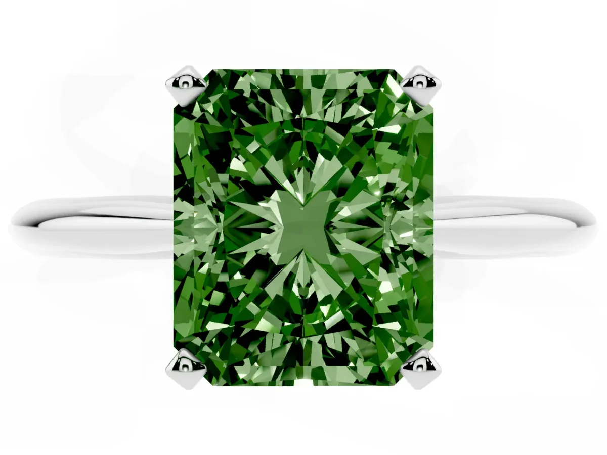 Fancy Green Radiant Cut Cut Solitaire Ring with Four-Prong Setting on a Classic Band Silver