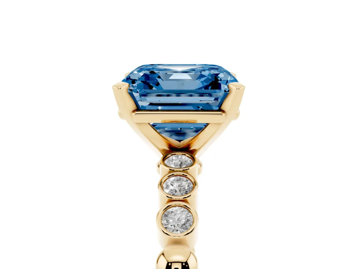 Fancy Blue Asscher Cut Solitaire Bezel Accent Diamond Engagement Ring with Beaded Band and Four-Prong Setting Yellow gold