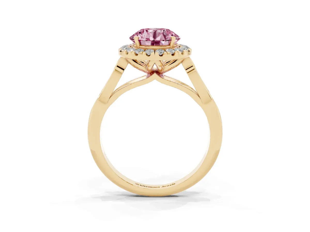 Fancy Pink Round Cut Halo Diamond Engagement Ring with Filigree Band and Four-Prong Setting Yellow gold
