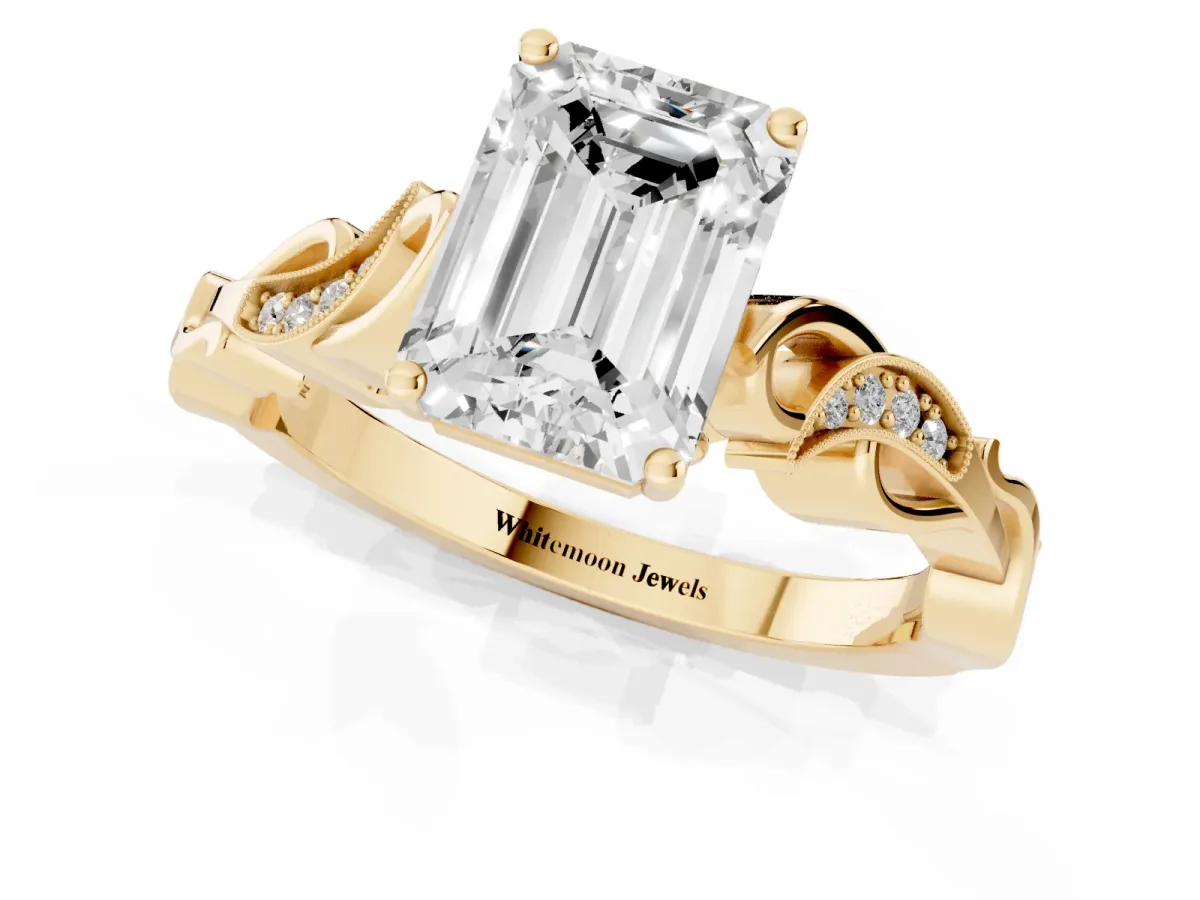 Emerald Cut Solitaire Vine Band with Milgrain Prong Setting Yellow gold