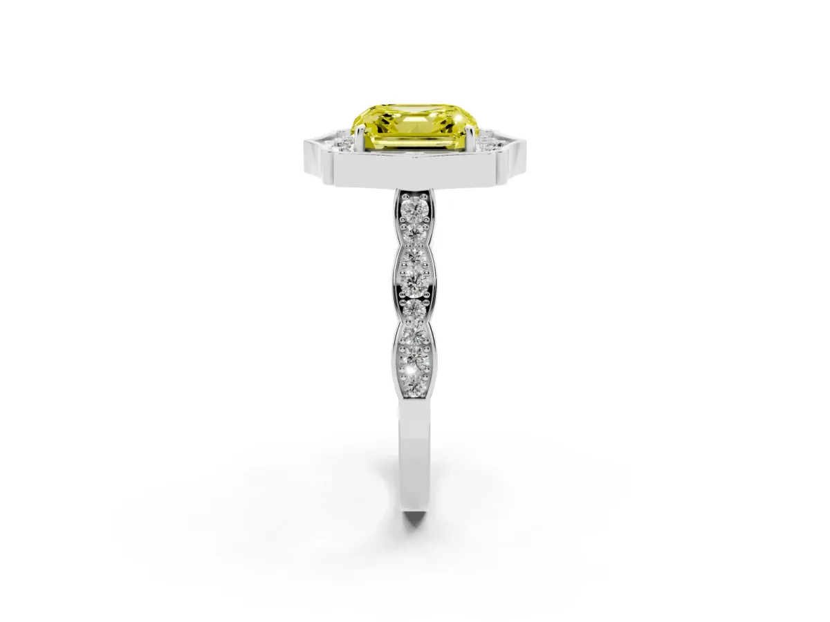 Fancy Yellow Asscher Cut Halo Diamond Engagement Ring with Milgrain Band and Four-Prong Setting Platinum