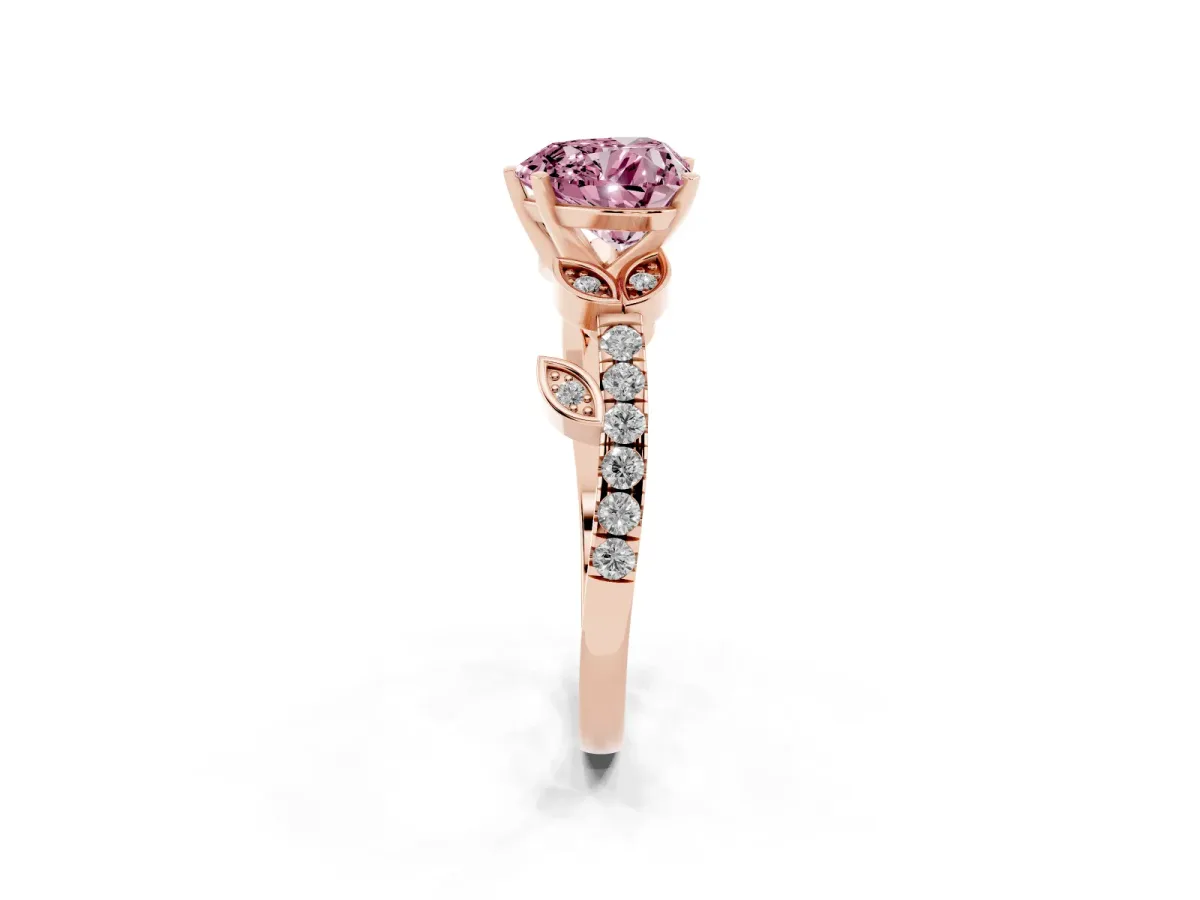 Fancy Pink Heart Cut Solitaire Leaf-Inspired Diamond Ring with Pavé Band and Four-Prong Setting Rose gold