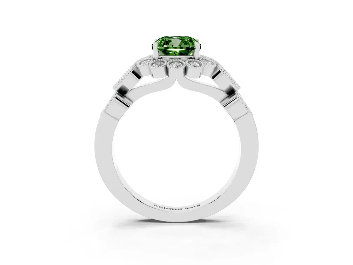 Fancy Green Cushion Cut Brilliant Milgrain Pave Heart Band Solitaire Ring Silver