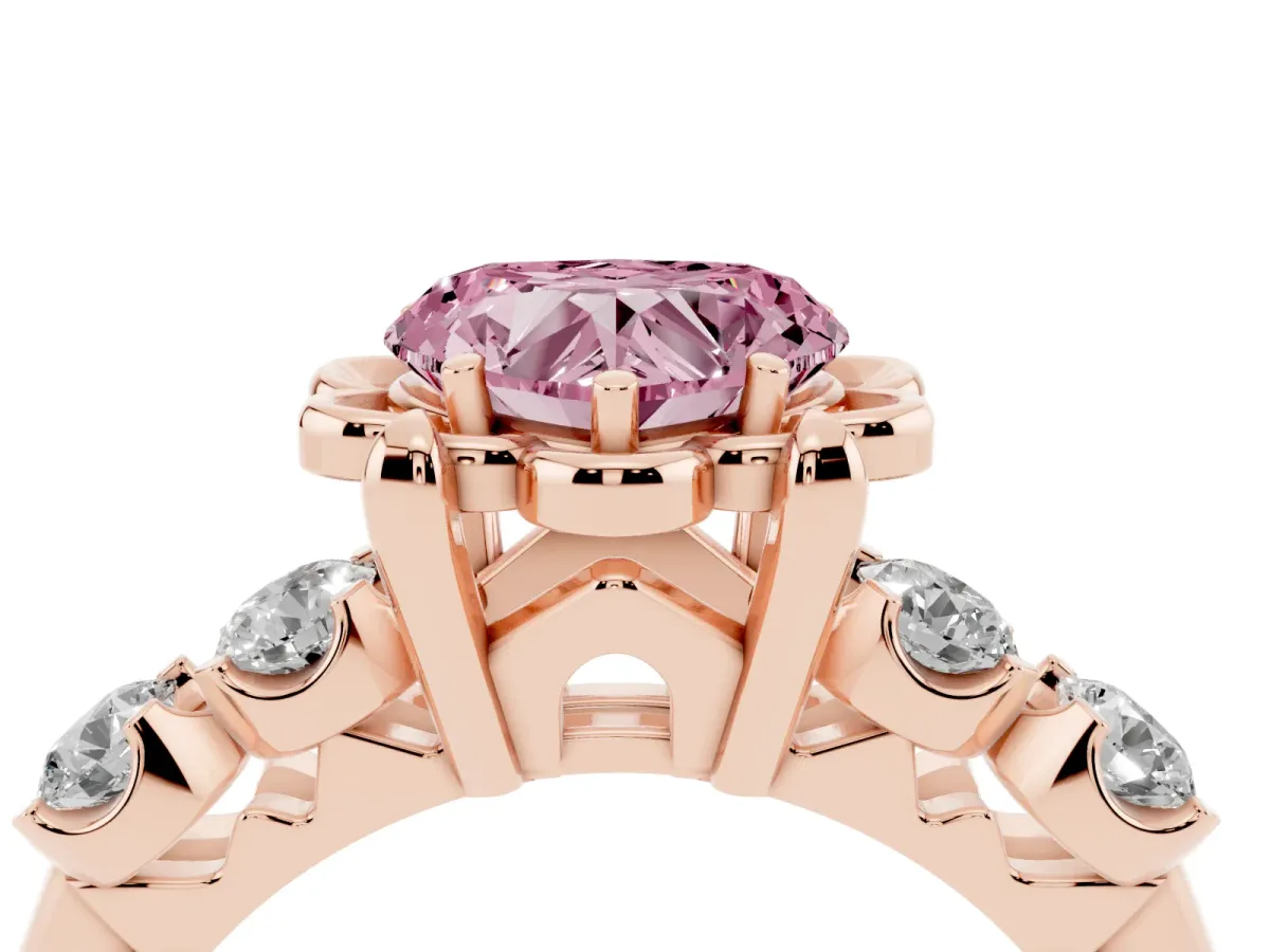 Fancy Pink Heart Cut Cut Diamond Floral Halo Engagement Ring with Shared Prong Setting Rose gold