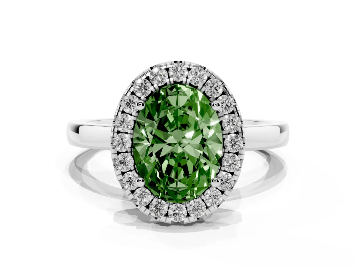Fancy Green Oval Cut Halo Diamond Solitaire with Pavé Band and Four-Prong Setting White gold