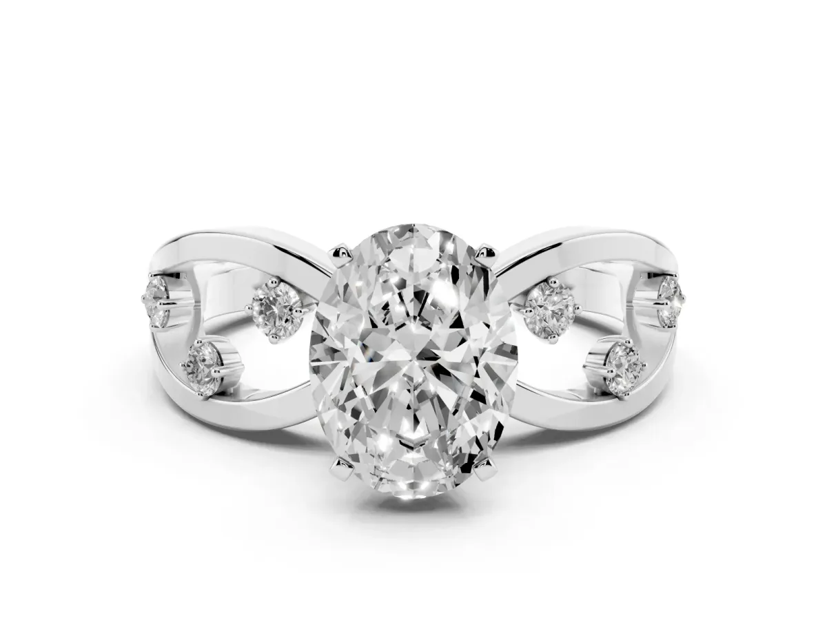 Oval Cut Cut Solitaire Diamond with Side Stones on Criss-Cross Band and Four-Prong Setting Silver