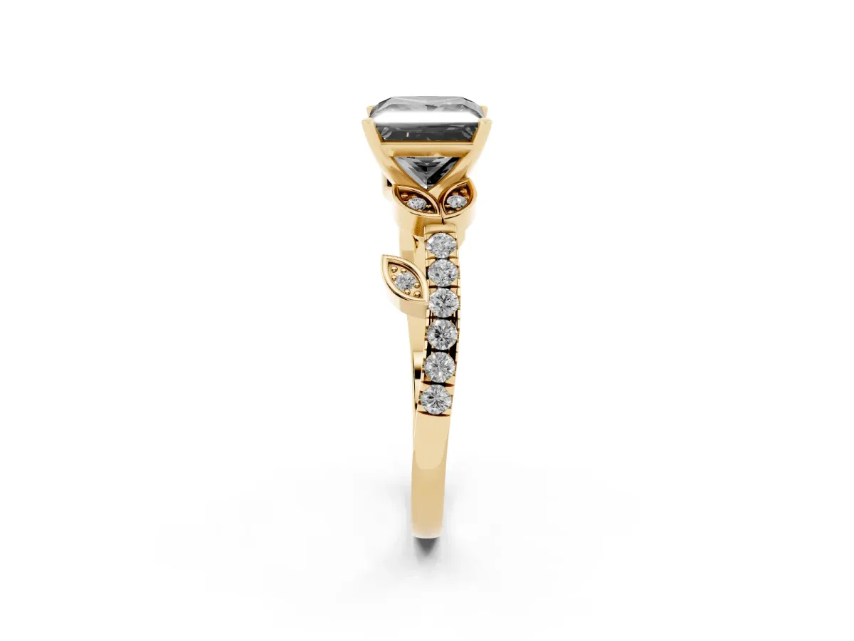 Fancy Black Princess Cut Solitaire Leaf-Inspired Diamond Ring with Pavé Band and Four-Prong Setting Yellow gold