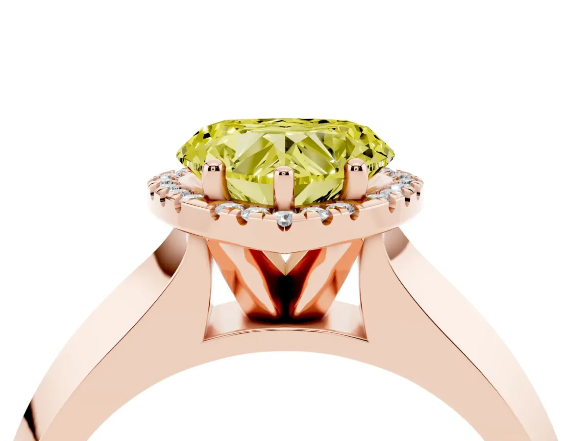 Fancy Yellow Heart Cut Halo Diamond Ring with Cathedral Band and Four-Prong Setting Rose gold