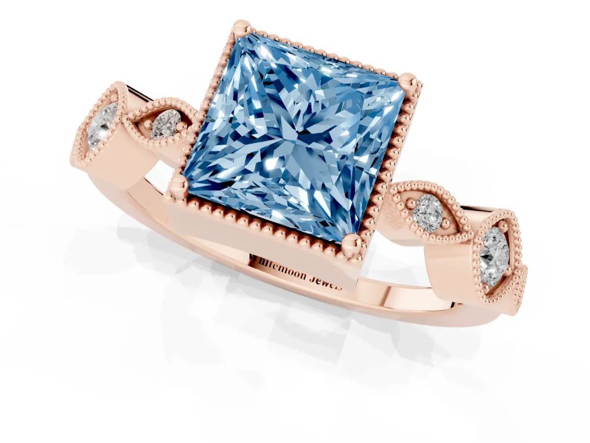 Fancy Blue Princess Cut Diamond Vintage Milgrain Ring with Round Stations Rose gold