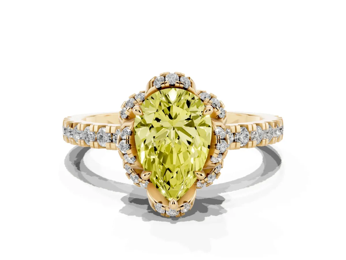 Fancy Yellow Pear Cut Diamond Halo Pave Band with Four-Prong Setting Yellow gold